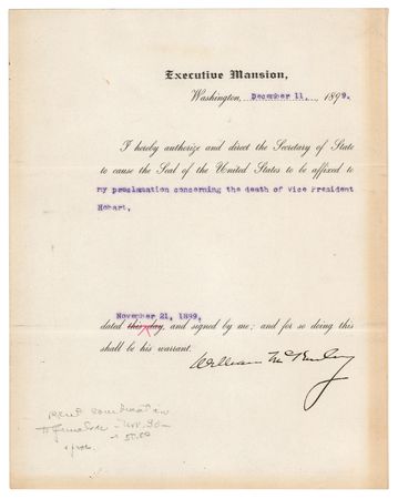Lot #118 William McKinley Document Signed as President, Proclaiming the Death of Vice President Garret Hobart - Image 1