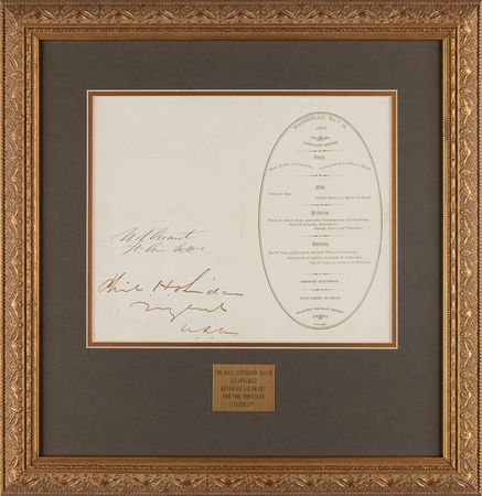 Lot #38 U. S. Grant and Philip H. Sheridan Signed Menu from Willard's Hotel - Dated to the Capture of Jefferson Davis - Image 1