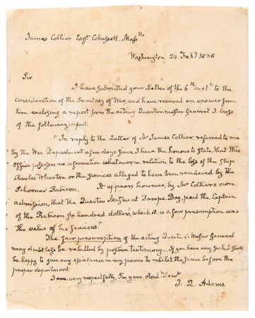 Lot #9 John Quincy Adams Autograph Letter Signed, Relating to the Loss of a Troop Transport Ship in the Second Seminole War - Image 1