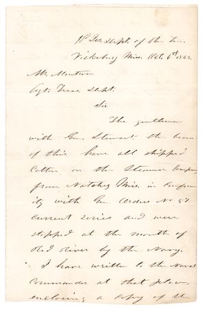 Lot #26 U. S. Grant Civil War-Dated Autograph Letter Signed, Authorizing a Cotton Shipment from Mississippi - Image 1
