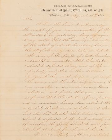 Lot #393 P. G. T. Beauregard Civil War-Dated Letter Signed on the Defense of Charleston - Image 1