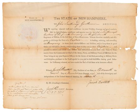 Lot #261 Josiah Bartlett Military Document Signed as Governor of New Hampshire - Image 1