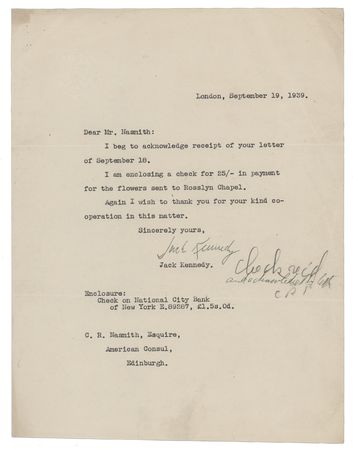 Lot #51 John F. Kennedy Typed Letter Signed on Memorial for a WWII Airman Killed While in Active Service with the Royal Air Force on September 8, 1939 - Image 1