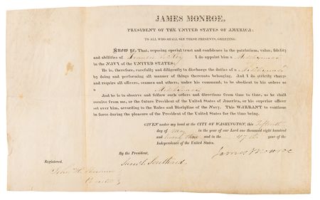 Lot #7 James Monroe Document Signed as President, Appointing 