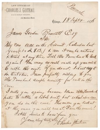 Lot #302 Charles Guiteau Autograph Letter Signed: 