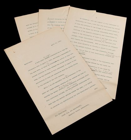 Lot #45 Woodrow Wilson Hand-Corrected Typed Letter Draft on U.S. Neutrality in WWI, Denying Allegations Regarding “the sale and exportation of arms by citizens of the United States to the enemies of Germany” - Image 1