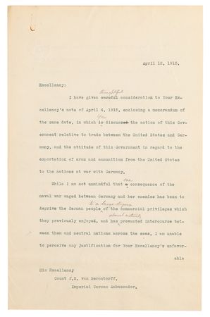 Lot #45 Woodrow Wilson Hand-Corrected Typed Letter Draft on U.S. Neutrality in WWI, Denying Allegations Regarding “the sale and exportation of arms by citizens of the United States to the enemies of Germany” - Image 2