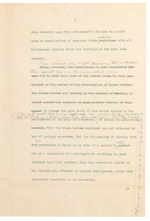 Lot #45 Woodrow Wilson Hand-Corrected Typed Letter Draft on U.S. Neutrality in WWI, Denying Allegations Regarding “the sale and exportation of arms by citizens of the United States to the enemies of Germany” - Image 3