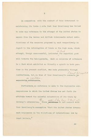 Lot #45 Woodrow Wilson Hand-Corrected Typed Letter Draft on U.S. Neutrality in WWI, Denying Allegations Regarding “the sale and exportation of arms by citizens of the United States to the enemies of Germany” - Image 4