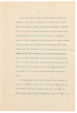 Lot #45 Woodrow Wilson Hand-Corrected Typed Letter Draft on U.S. Neutrality in WWI, Denying Allegations Regarding “the sale and exportation of arms by citizens of the United States to the enemies of Germany” - Image 5