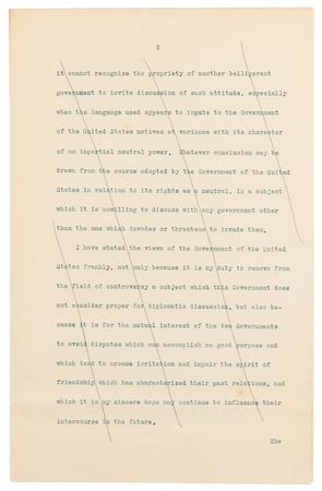 Lot #45 Woodrow Wilson Hand-Corrected Typed Letter Draft on U.S. Neutrality in WWI, Denying Allegations Regarding “the sale and exportation of arms by citizens of the United States to the enemies of Germany” - Image 6