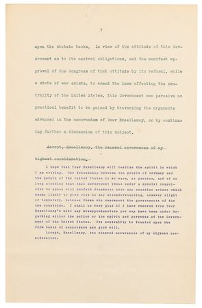 Lot #45 Woodrow Wilson Hand-Corrected Typed Letter Draft on U.S. Neutrality in WWI, Denying Allegations Regarding “the sale and exportation of arms by citizens of the United States to the enemies of Germany” - Image 8