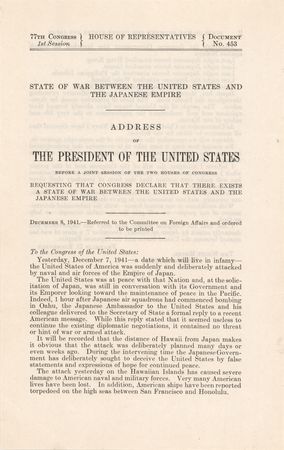 Lot #558 Franklin D. Roosevelt: Official Printing of Pearl Harbor Address - Image 1