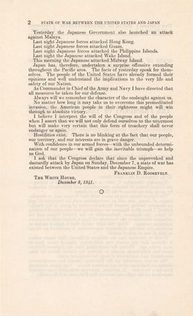Lot #558 Franklin D. Roosevelt: Official Printing of Pearl Harbor Address - Image 2