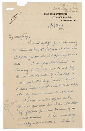 Lot #241 Alexander Fleming Autograph Letter Signed: 