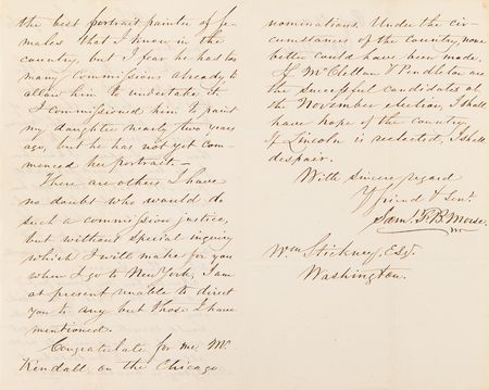 Lot #242 Samuel F. B. Morse Autograph Letter Signed, Commenting on the 1864 Election: 