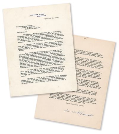 Lot #46 Franklin D. Roosevelt Typed Letter Signed as President on the First Peacetime Draft - 