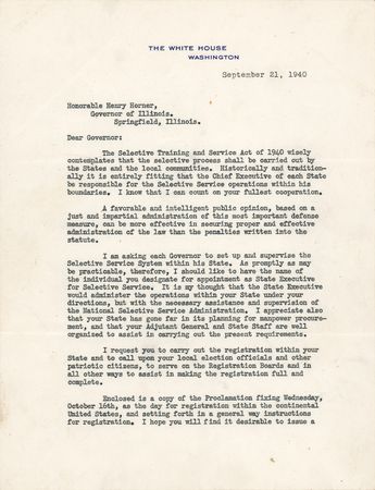 Lot #46 Franklin D. Roosevelt Typed Letter Signed as President on the First Peacetime Draft - 