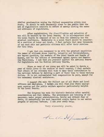 Lot #46 Franklin D. Roosevelt Typed Letter Signed as President on the First Peacetime Draft - 