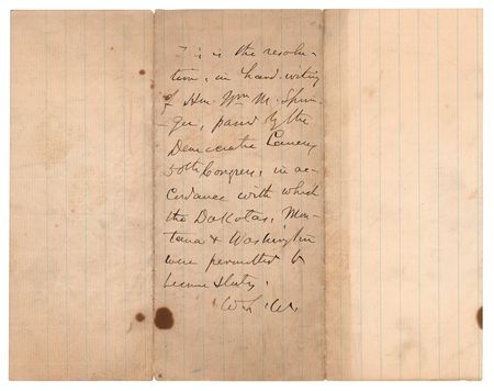 Lot #368 Washington Statehood Resolution: Handwritten Manuscript by William McKendree Springer - Image 2