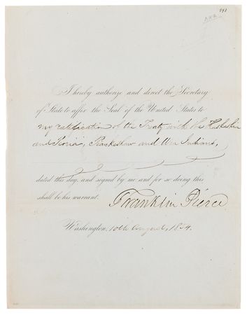 Lot #135 Franklin Pierce Document Signed as President for Treaty with the Confederated Peoria Tribe - Image 1