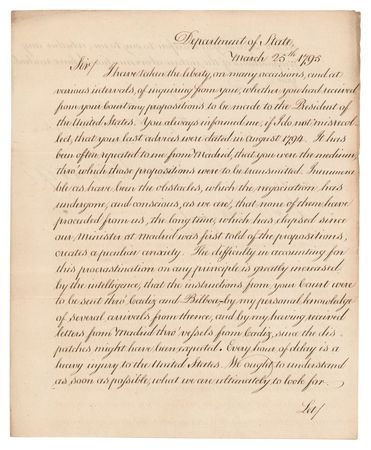 Lot #183 Edmund Randolph Letter Signed as Secretary of State on Negotiations for the Treaty of San Lorenzo - Image 1