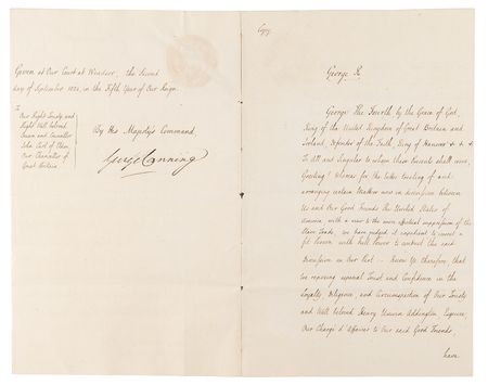 Lot #202 King George IV Document Signed for Negotiating a Treaty with the U.S. 