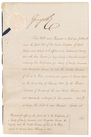 Lot #204 King George IV Document Signed for Treaty with Argentina, Supressing the Slave Trade and Allowing Religious Freedoms - Image 1