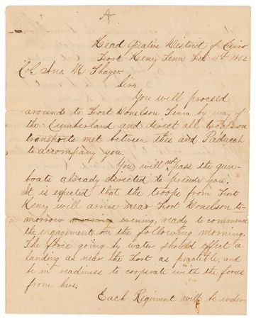 Lot #412 [U. S. Grant and John A. Rawlins] Order to Proceed with the Battle of Fort Donelson - Image 1