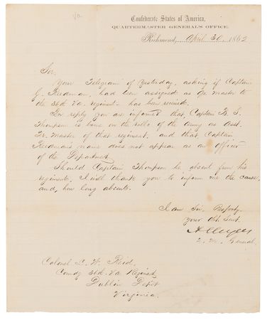 Lot #546 Abraham Myers War-Dated Letter Signed as Quartermaster General - Image 1