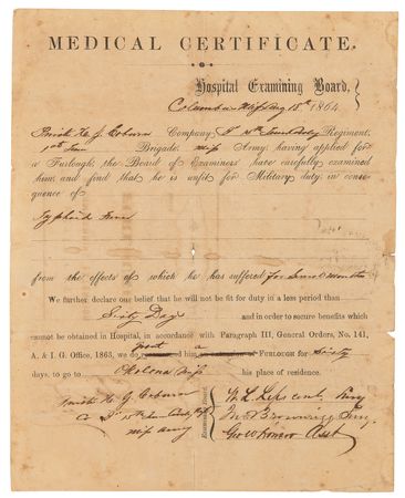 Lot #404 Confederate Medical Certificate Granting Furlough for Typhoid Fever - Image 1