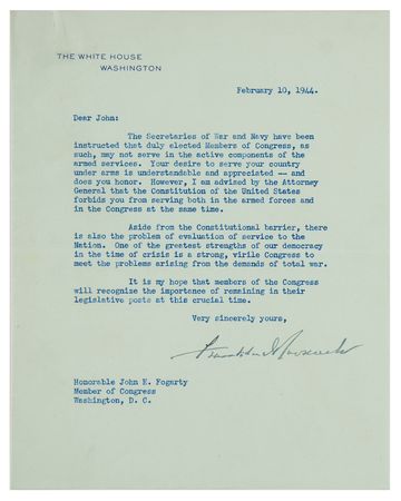 Lot #47 Franklin D. Roosevelt Typed Letter Signed as President, Declining a Congressman's Request to Enlist - Image 1