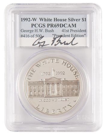Lot #66 George Bush Signed 1992 White House Silver $1 Coin - PCGS PR69DCAM - Image 1