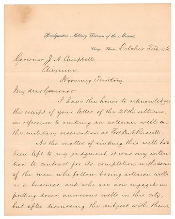 Lot #565 Philip H. Sheridan Letter Signed to Governor of the Wyoming Territory - Image 1