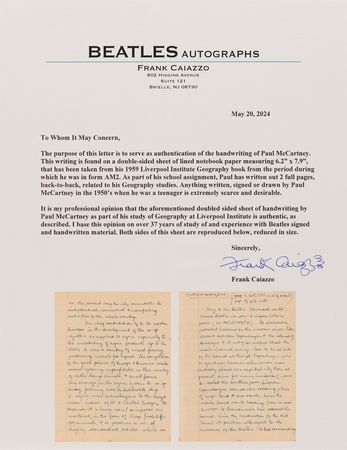 Lot #745 Beatles: Paul McCartney Handwritten Page from His Liverpool Institute High School Geography Notebook - Image 3