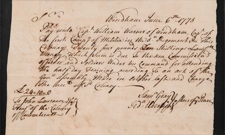 Lot #386 Revolutionary War: Connecticut Colony Pay Order for Soldiers of the 5th Massachusetts Regiment (June 1775) - Image 1
