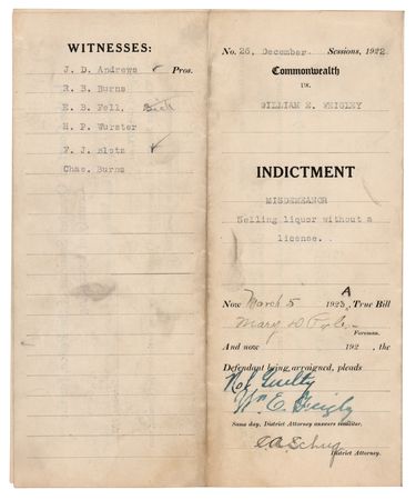 Lot #345 Prohibition: 1923 Liquor Manufacture Indictment Document - Image 1