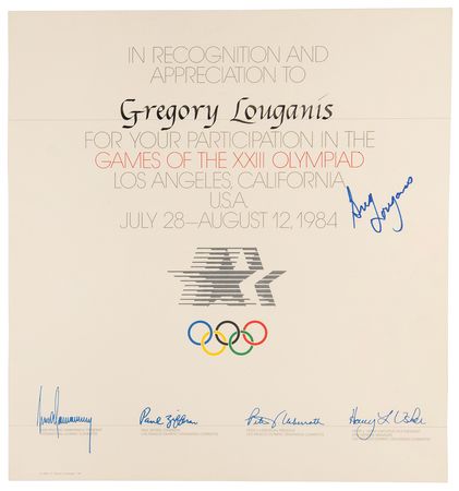 Lot #3283 Greg Louganis Signed Winner's Medal Diplomas from the Los Angeles 1984 Summer Olympics - Image 2