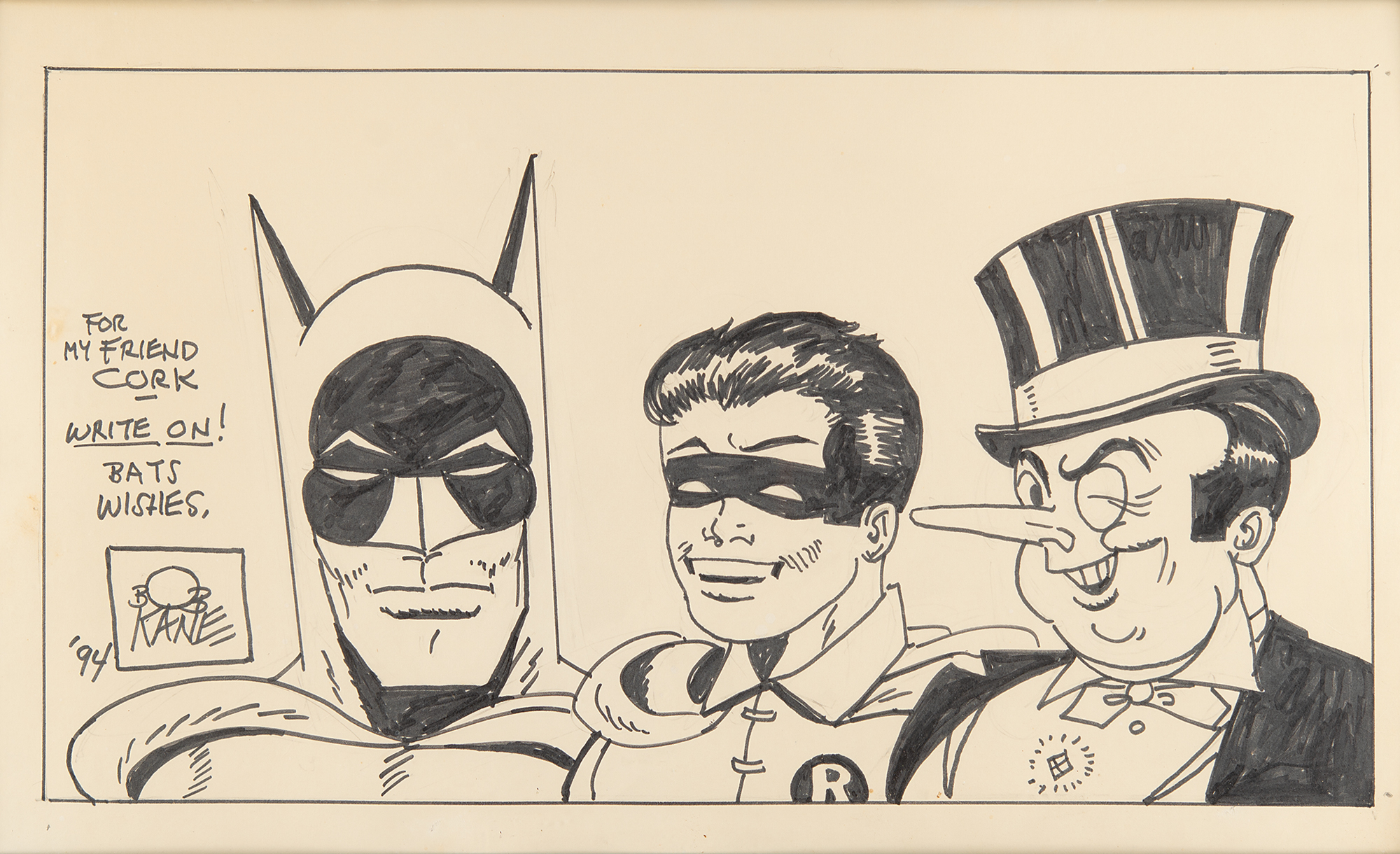 Bob Kane Signed Original Oversized Sketch - Batman, Robin