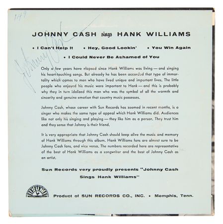 Lot #618 Johnny Cash Signed 45 RPM Record ? 'Johnny Cash Sings Hank Williams' (Sun Records) - Image 2