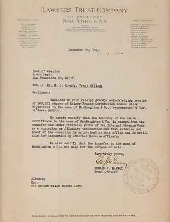 Lot #264 Kaiser-Frazer Corporation Stock Certificate and Transfer Letters - Image 2