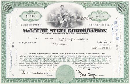 Lot #283 McLouth Steel Corporation Stock Certificate - Image 1
