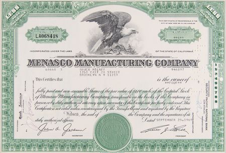 Lot #285 Menasco Manufacturing Company Stock Certificate - Image 1
