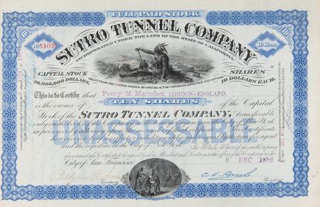 Lot #330 Sutro Tunnel Company Stock Certificate (1886) - Image 2