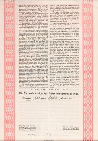 Lot #238 German Bond: Staatsanleihe von 1922 der Freie Hansestadt Bremen Schuldverschreibung - Image 2