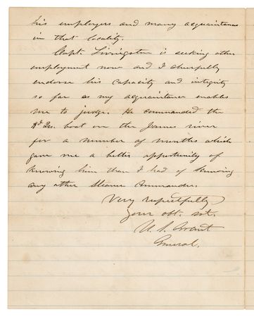 Lot #72 U. S. Grant Autograph Letter Signed, Recommending an Officer who 