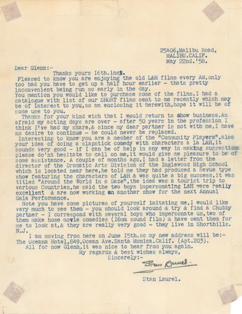 Lot #832 Stan Laurel Typed Letter Signed on the