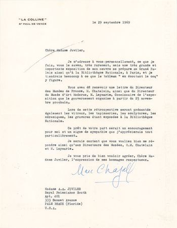 Lot #482 Marc Chagall Typed Letter Signed on 1969