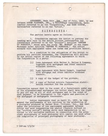 Lot #774 Gary Cooper Twice-Signed Document for 'Return to Paradise' - Image 1