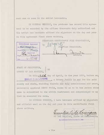 Lot #706 Henry Fonda Document Signed for 20th Century-Fox - Image 1